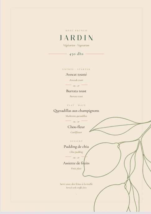 Les Jardins du Lotus : menu brunch Jardin