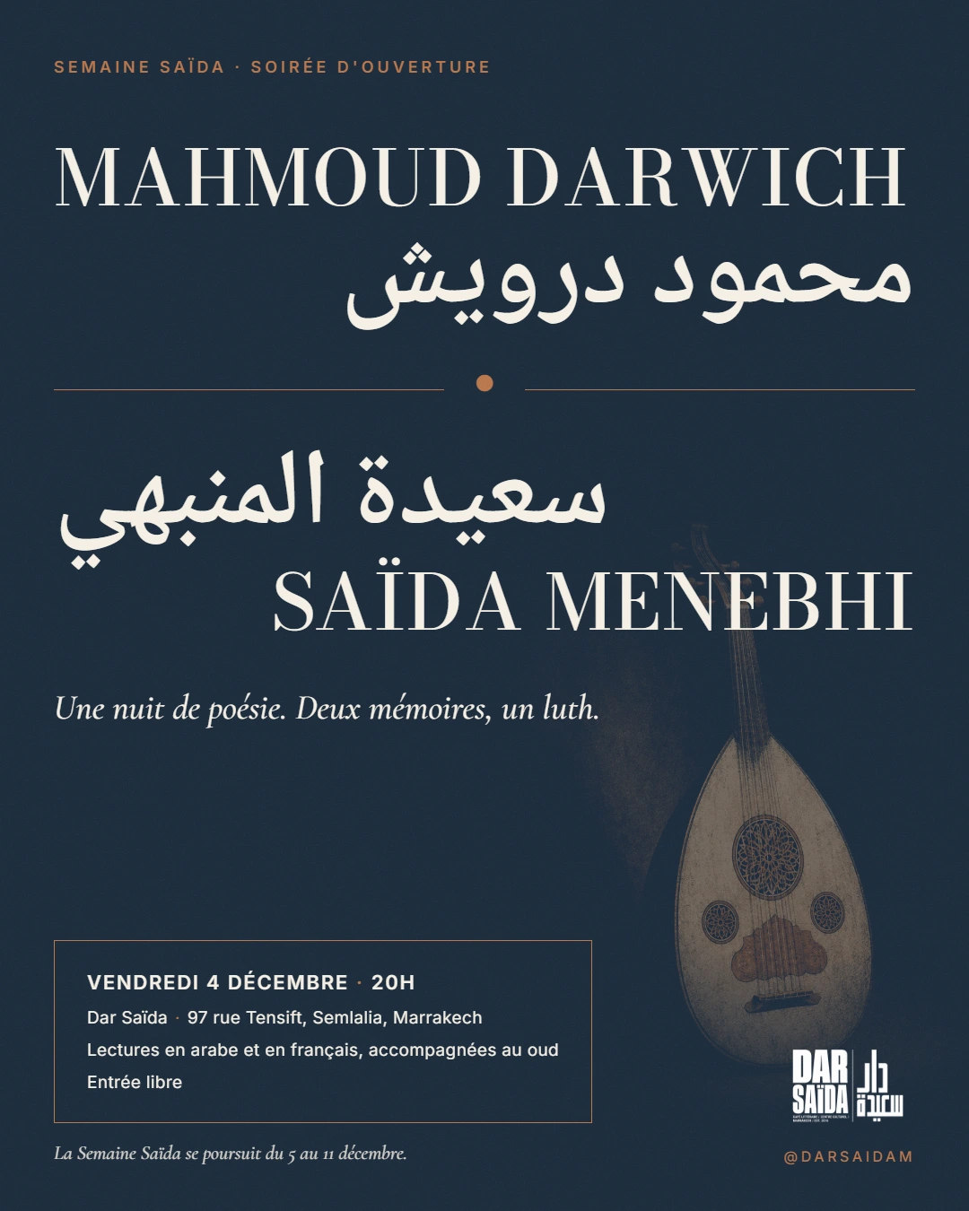 Affiche de la Nuit de poésie Dar Saïda, composition en français et en arabe